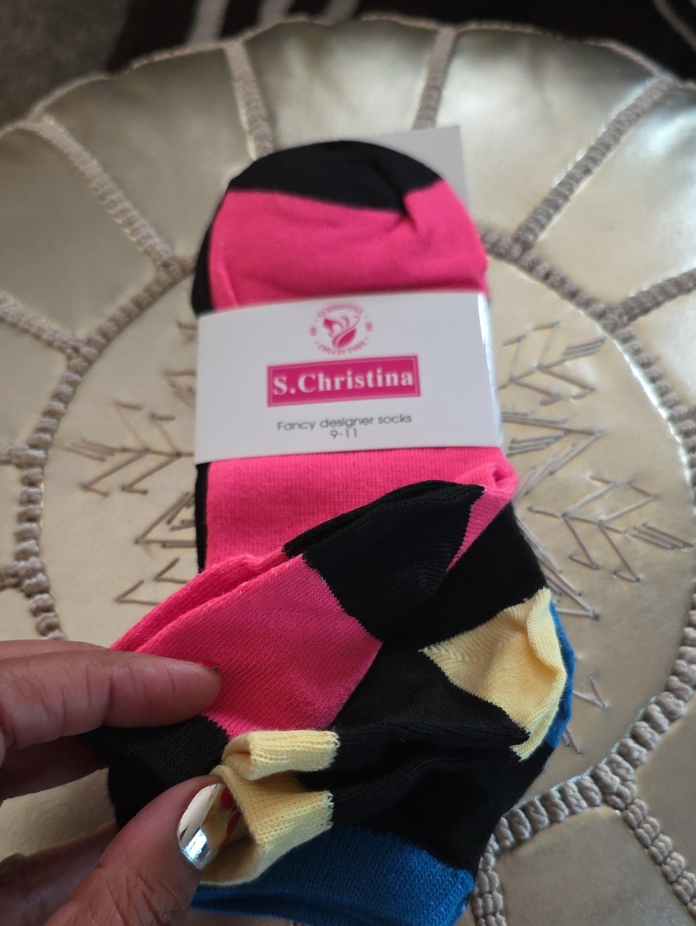 Christina 3 Pair Bright Pink & Black Colorblock Socks with Yellow & Blue Accents